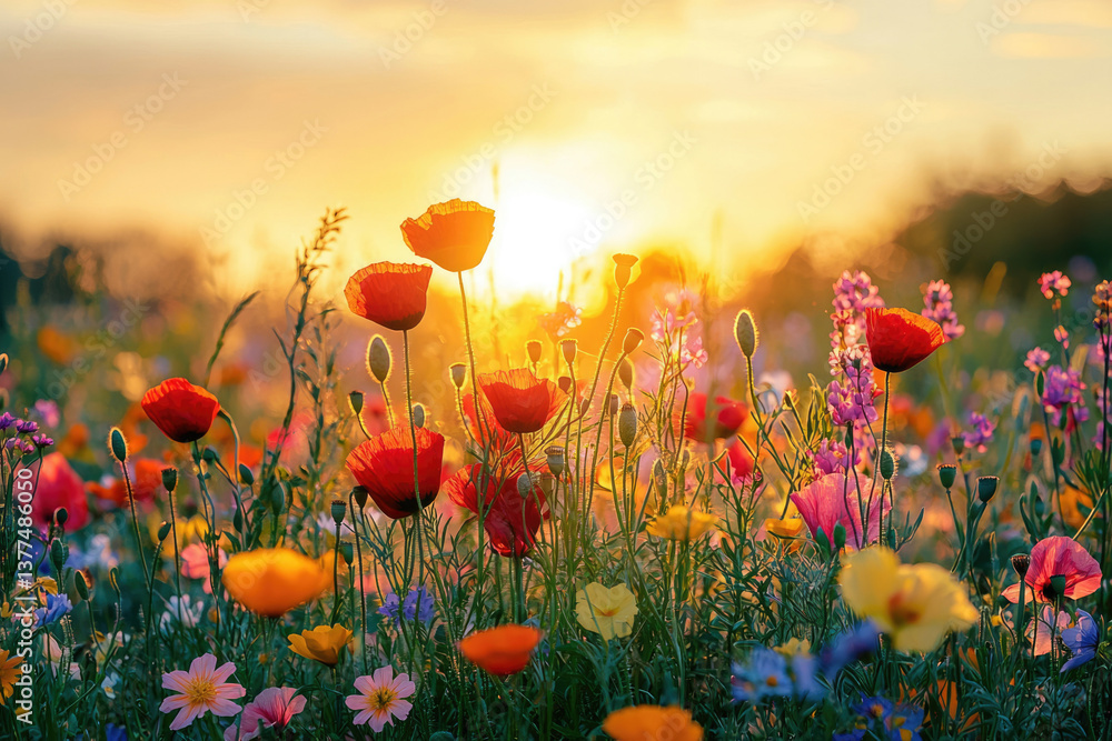 Poster a vibrant field of wildflowers, including poppies, bathed in the warm glow of the setting sun, creat