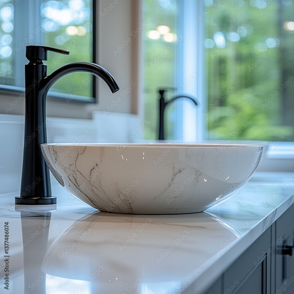 Poster modern bathroom sink with sleek design, featuring round white bowl with marble patterns. elegant bla