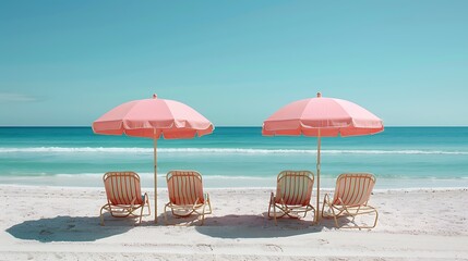 Serene Beach Scene Pink Umbrellas and Striped Lounge Chairs on a Sunny Day