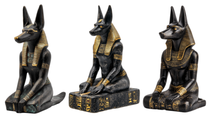 Three Egyptian Anubis statues with gold accents sit in row, showcasing ancient artistry