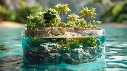 Miniature Tropical Island Paradise in Glass Globe Floating on Turquoise Water