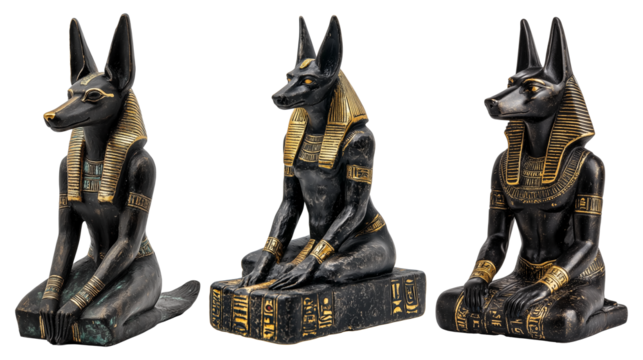 Three Egyptian Anubis statues with gold accents sit in row, showcasing ancient artistry