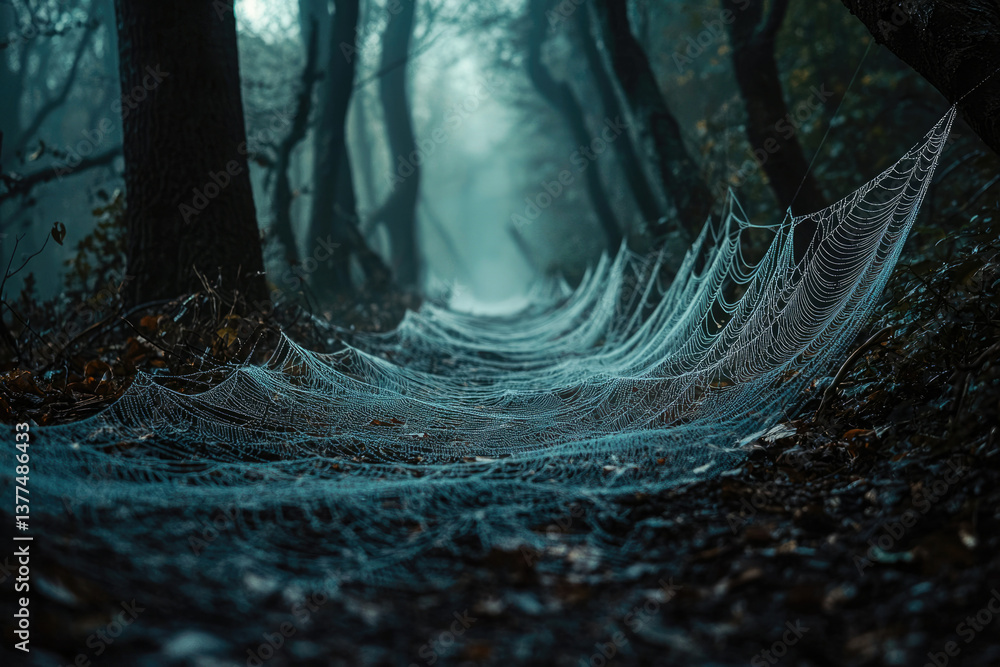 Poster a path in a foggy forest is obstructed by many spiderwebs covered in dewdrops, creating a mystical s