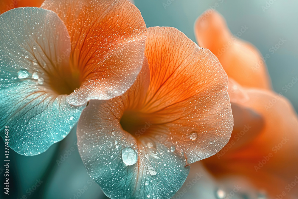 Poster close-up shot of vibrant orange and teal flowers, adorned with sparkling water droplets, creating a 