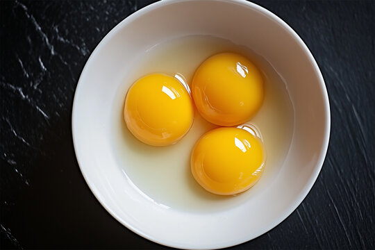 Raw egg yolks resting in the white bowl. Aerial top view photo.