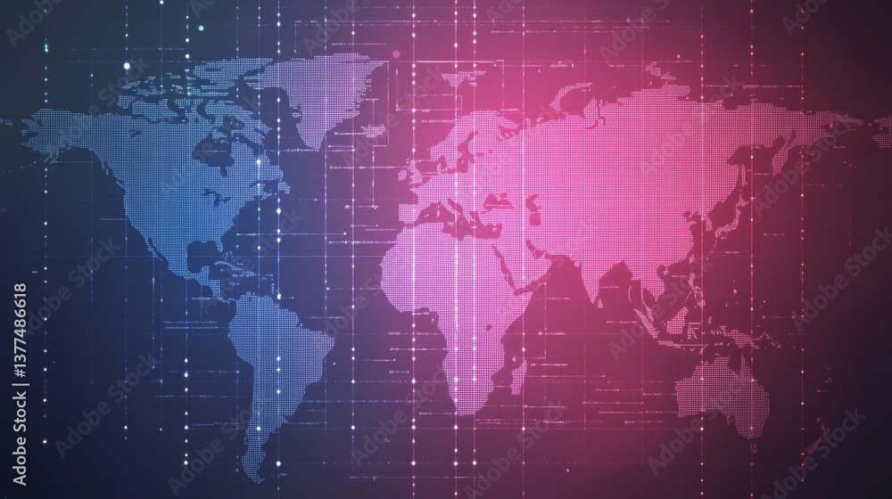 Poster digital world map with blue and red gradient technology background