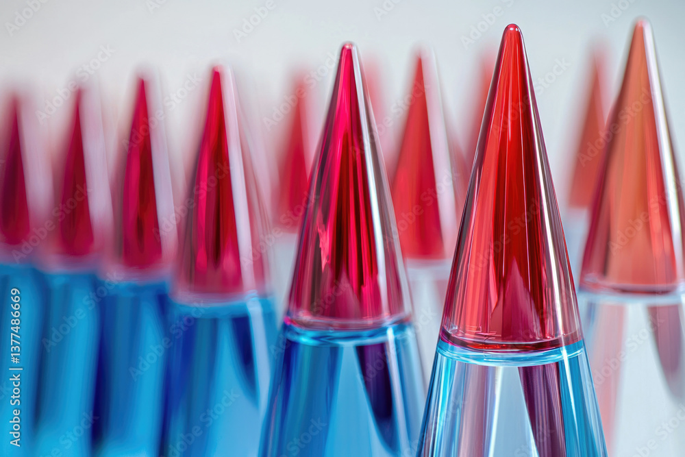 Poster A dynamic arrangement of red and blue liquid-filled conical vials in a laboratory setting, showing contrast and depth.