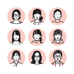 シンプル　イラスト　笑顔のカジュアルな服装の女性のアイコンセット 人物