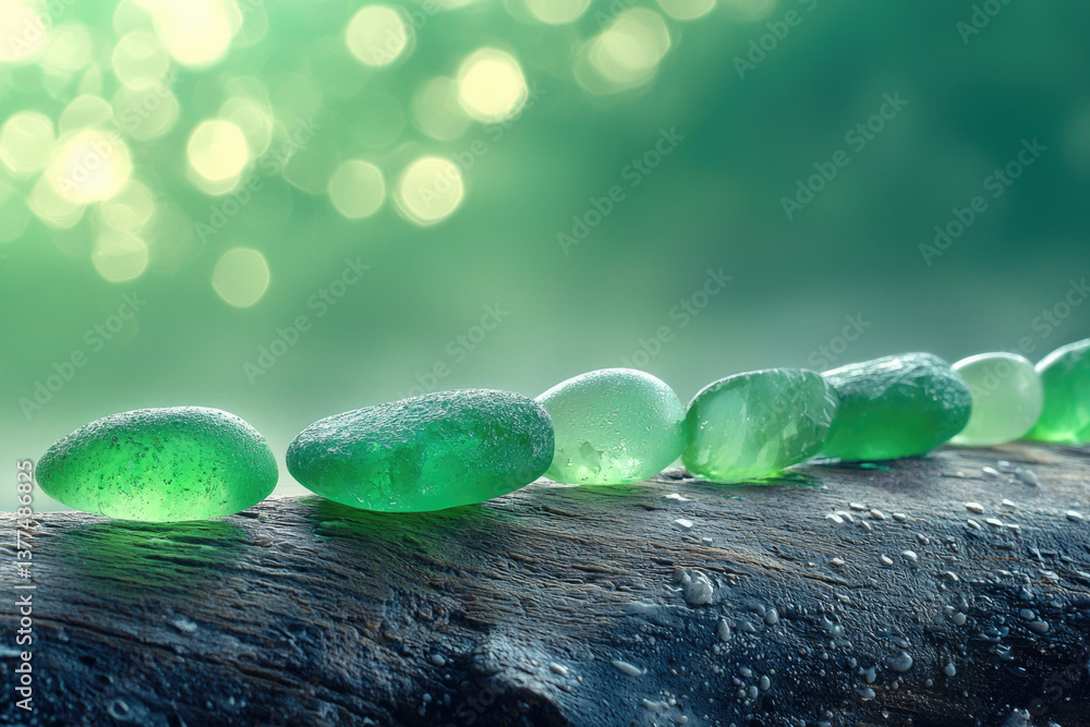 Poster row of translucent green sea glass resting on weathered driftwood, illuminated by soft, ethereal bok