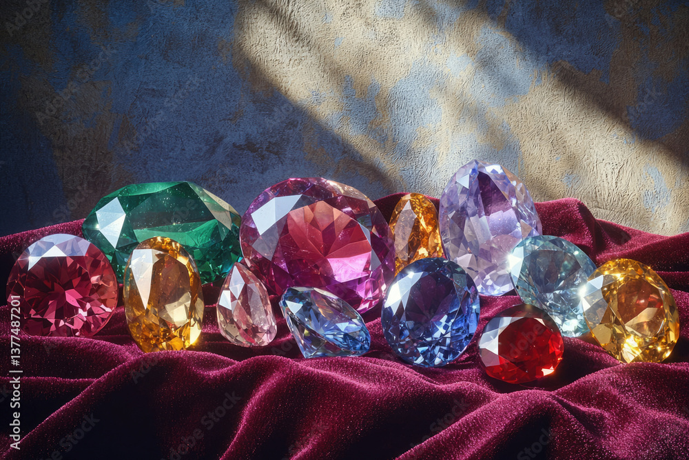 Poster A captivating assortment of colorful, sparkling gemstones rests on a plush, maroon velvet surface under soft, diffused light, creating rich shadows.