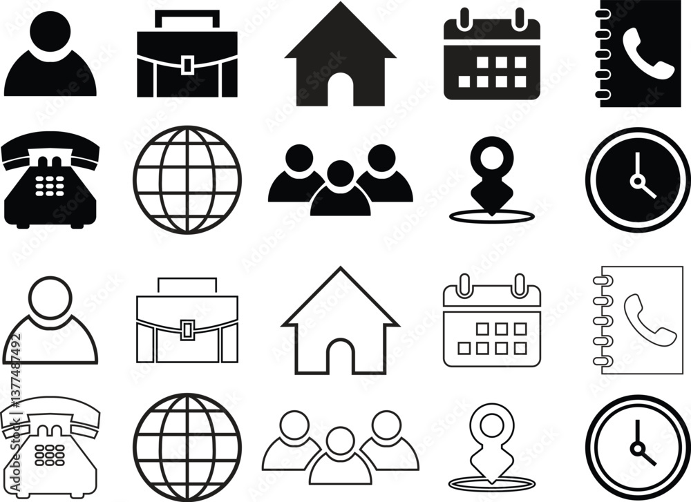 Poster profile web icons pack in trendy black flat and outline styles. vectors illustration pictogram set f