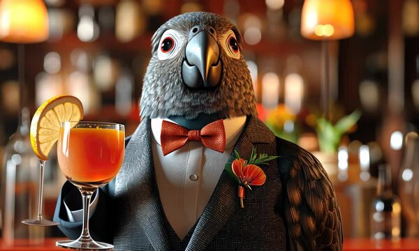A dapper parrot, wearing a suit and bowtie, with a cocktail in a sophisticated bar.