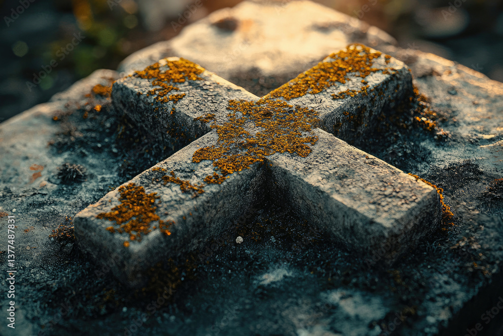 Aufkleber close-up of a weathered stone cross covered in golden moss, lying on a stone surface with subtle lig
