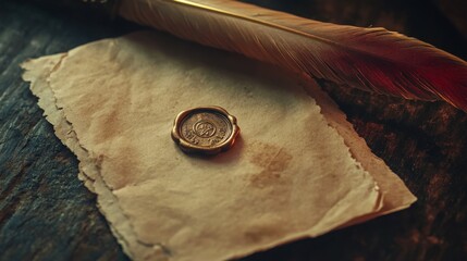 A beautifully sealed letter with a wax stamp resting beside an elegant golden quill, evoking