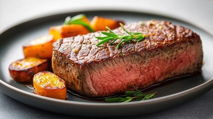 A beautifully seared marbled steak resting on a plate, surrounded by roasted vegetables and garnished with fresh herbs, capturing the elegance of fine dining