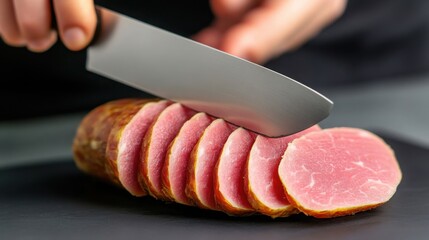 balyk being carefully sliced with a sharp knife, showcasing the delicate layers of the cured meat 