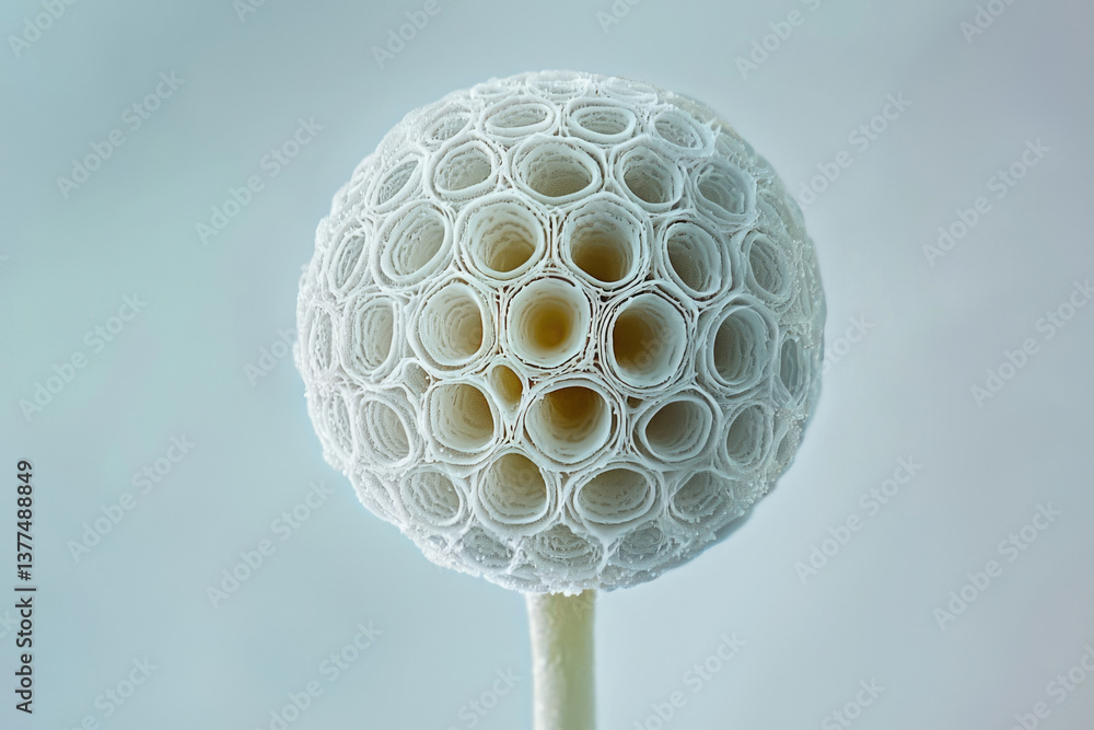 Poster A spherical, ethereal white structure comprised of numerous rolled paper circles, displayed on a slender stalk against a soft background.
