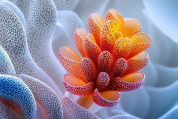 ['A striking macro shot of a sea anemone showcasing its intricate details, vibrant colors, and unique honeycomb-like cellular structure in an aquatic environment.']