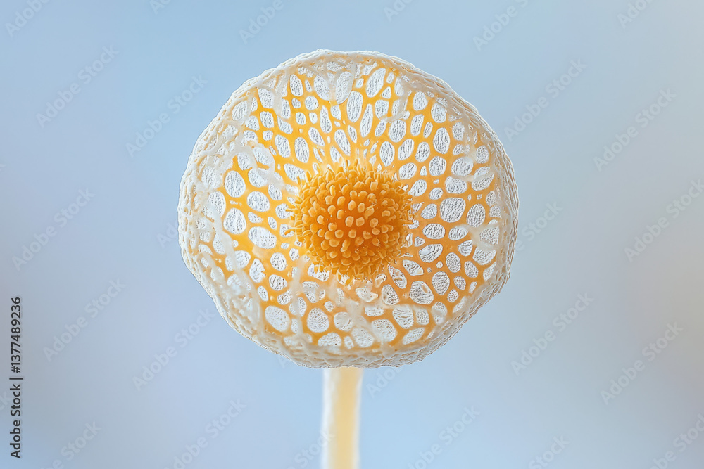 Poster A close-up showcases an intricate flower-like structure with a delicate, net-like pattern and a vibrant yellow center.