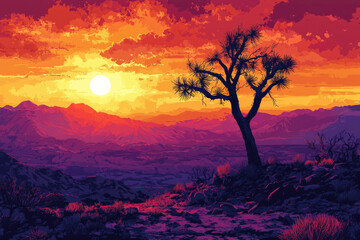 A vibrant, digital painting of a desert landscape with a lone Joshua Tree silhouetted against a fiery sunset with purple mountains.