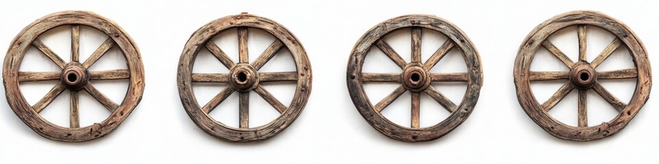 Antique wooden wagon wheels against white background