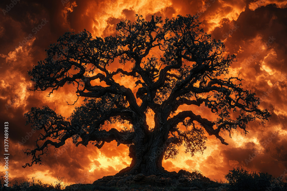 Poster silhouette of a majestic tree against a dramatic, fiery orange sky filled with swirling clouds creat
