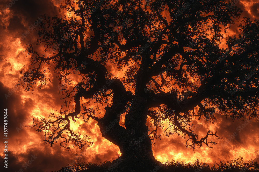 Poster silhouetted tree against fiery orange clouds, creating a dramatic and intense landscape with dark sh