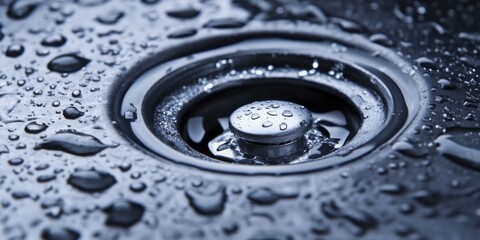 Close-up view of a metal drain surrounded by water droplets reflecting light in a kitchen setting during daytime