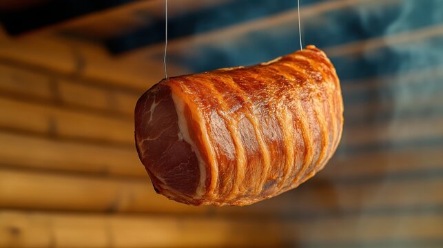  whole balyk with its smooth, glossy surface, hanging from the ceiling of a traditional smokehouse