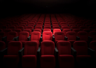 A dimly lit theater or cinema hall with rows of red velvet seats. The lighting highlights a few seats in the center, while the surrounding seats fade into darkness, creating a dramatic and moody scene