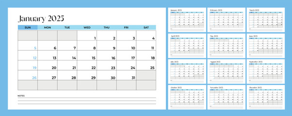Calendar template for 2025 year. Week starts on Sunday. Wall 2025 calendar in clean minimal style. Corporate or business Calendar. Minimalist and aesthetic style. Wall or desk calendar. Diary planner