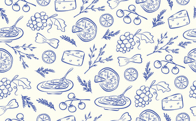 Hand drawn italian food seamless pattern. Chalk crayon sketch dish with pizza, cheese, spaghetti, pasta, italy ingredients for menu in doodle style. Vector illustration.