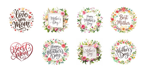 Happy mothers day calligraphy floral text isolated on transparent background