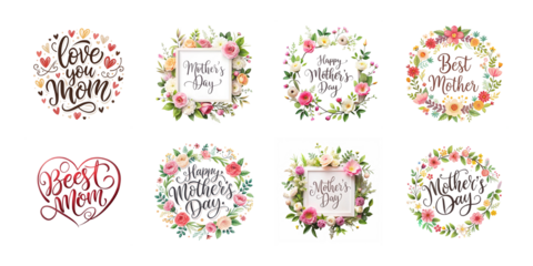 Happy mothers day calligraphy floral text isolated on transparent background