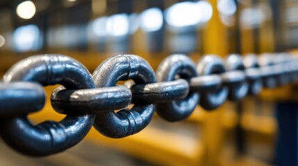 Naklejka premium Rusty chain links illuminated in an industrial warehouse setting during daytime operations