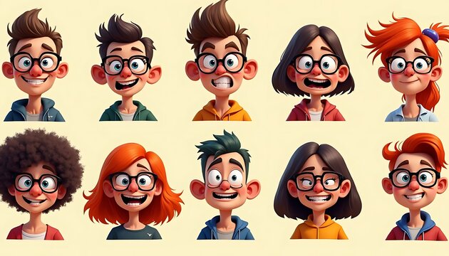 Cartoon Diverse Group of Cheerful Children Wearing Glasses Smiling Broadly