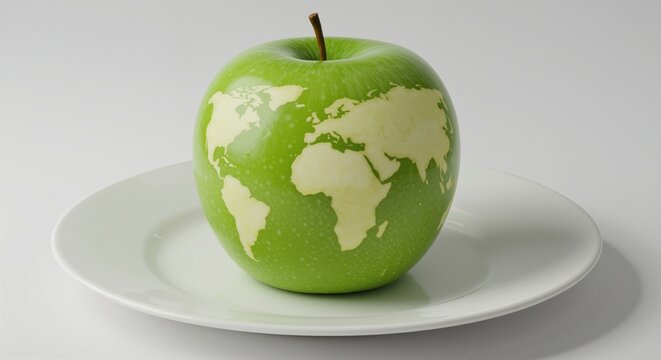 Green apple with a world map design representing nature and sustainability on a white plate