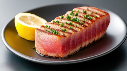 A fresh tuna steak seared to perfection, with a crispy crust and a juicy, tender center, served on a plate with a garnish of lemon and herbs