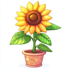 Obraz premium Cartoon Sunflower in Pot: A Bright and Cheerful Illustration of a Classic Summer Flower