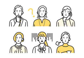 シンプル　イラスト　ネガティブな表情とポーズのビジネスパーソンの女性 人物バリエーション