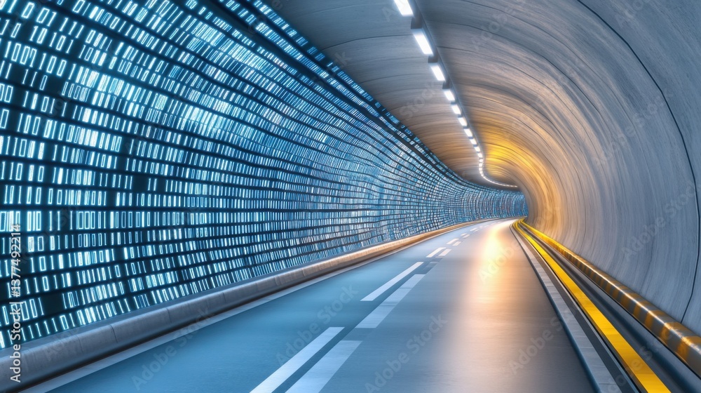 Poster a high-tech tunnel lined with holographic cityscapes and floating data streams, symbolizing the futu