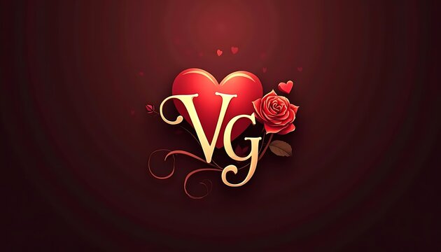 Elegant Vg Lettering with Red Heart and Rose on Dark Backdrop