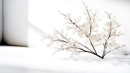 Elegant White Branch with Delicate Leaves Minimalist Botanical Photography