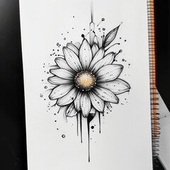 Elegant Daisy Sketch with Ink Splatters: A Beautiful Floral Illustration on White Paper Displaying Artistic Style