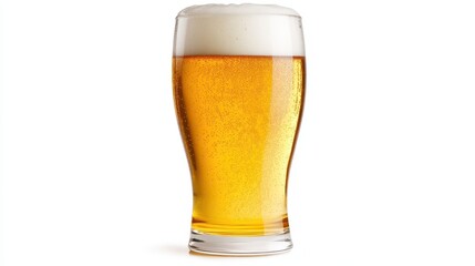 A glass of golden beer on clean white background, refreshing beverage