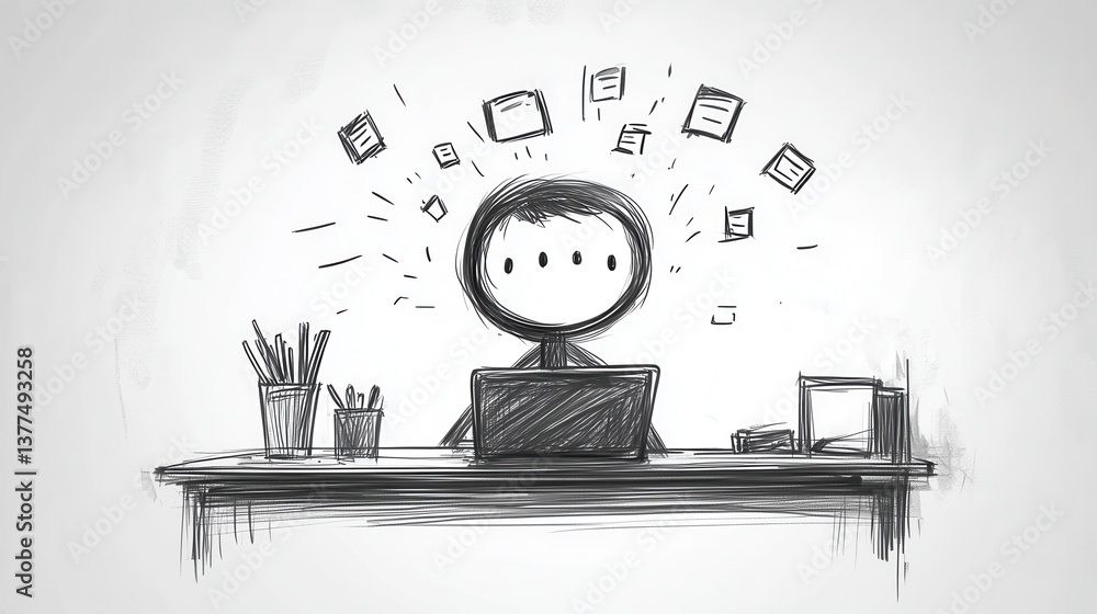 Poster a sketch of a person working at a desk, surrounded by floating papers and stationery, representing c