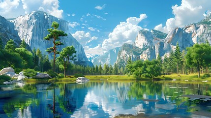 Fototapeta premium Serene Mountain Lake Landscape Picturesque Reflection of Majestic Peaks and Lush Green Forest