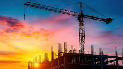 Fototapeta premium Detail vertical image of large construction crane and a iron beam frame in silhouette at sunset or sunrise