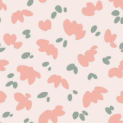 Hand painted petal splash forming an abstract floral pattern in colors of pastel pink and sage green on cream background. Seamless vector pattern. Great for home decor, fabric, wallpaper, gift wrap.