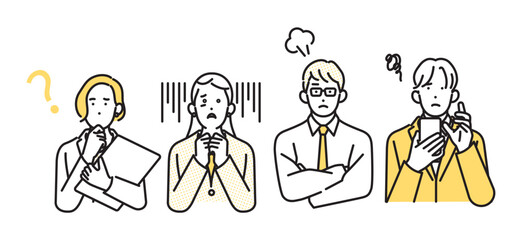 シンプル　イラスト　ネガティブな表情とポーズのビジネスパーソンの男性と女性 人物バリエーション